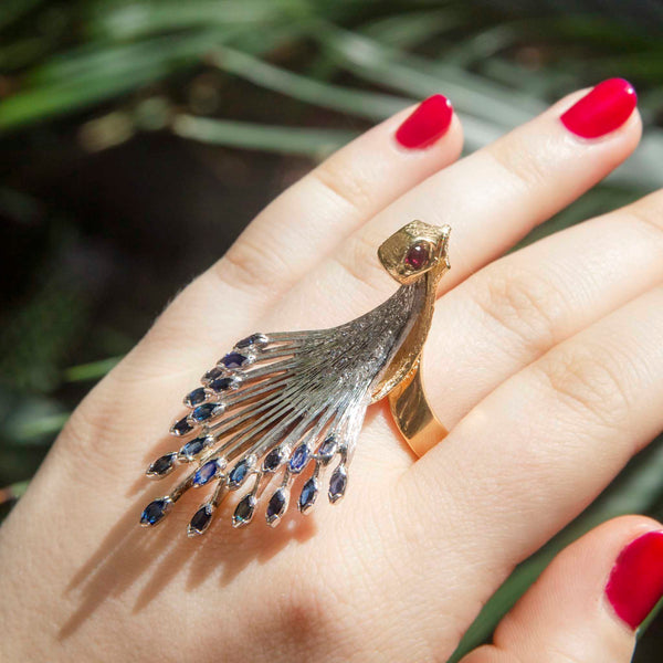Pavão 1970s Peacock Sapphire Ruby & Diamond Ring 18ct Gold Rings Imperial Jewellery 