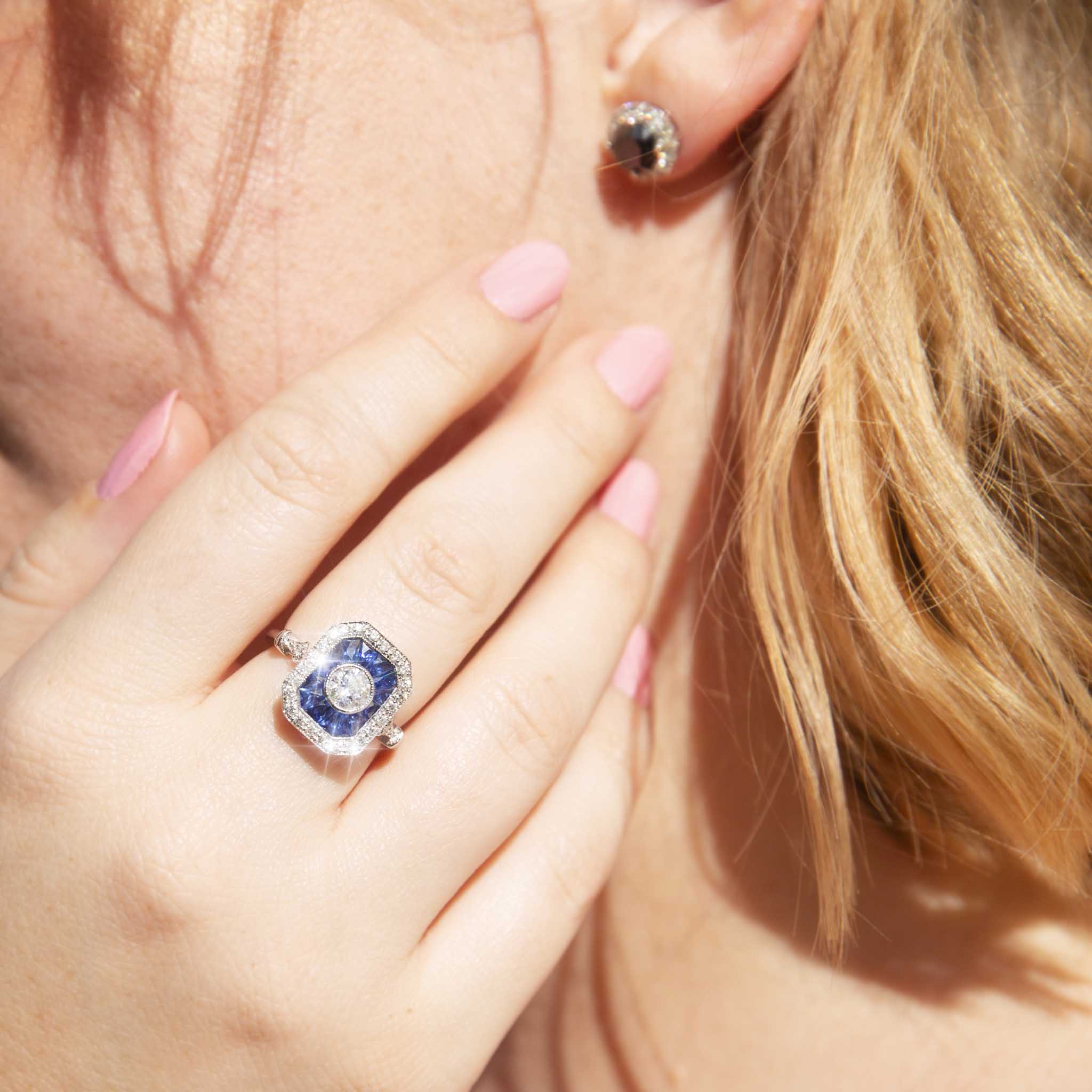Peregian Art Deco Sapphire & Diamond Ring 18ct Gold Rings Imperial Jewellery 