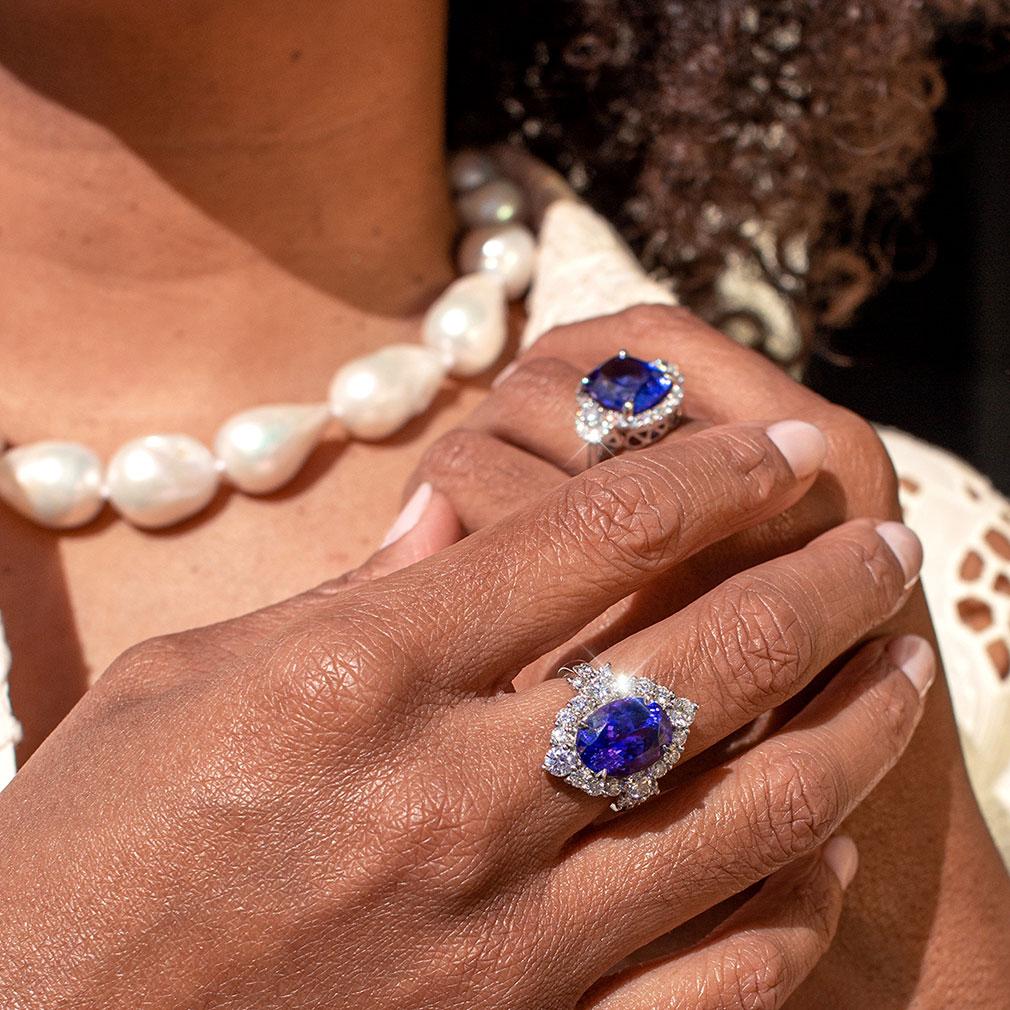 Persia Platinum Tanzanite and Diamond Halo Ring Rings Imperial Jewellery - Auctions, Antique, Vintage & Estate 