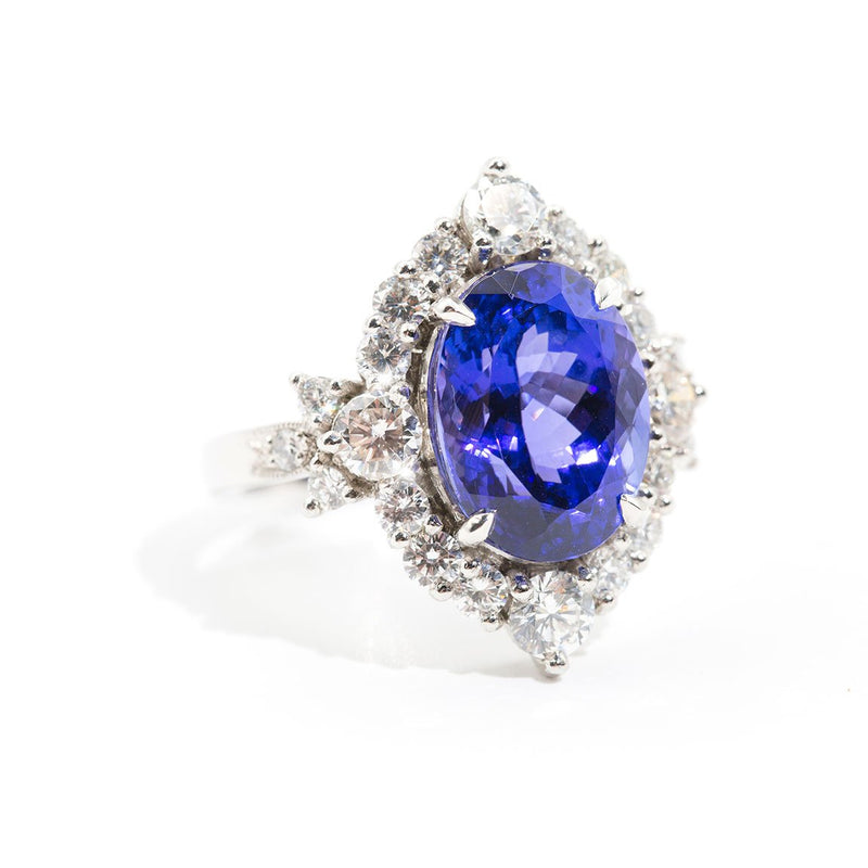 Persia Platinum Tanzanite and Diamond Halo Ring Rings Imperial Jewellery - Auctions, Antique, Vintage & Estate 