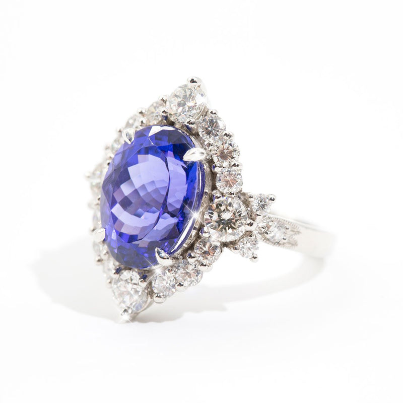 Persia Platinum Tanzanite and Diamond Halo Ring Rings Imperial Jewellery - Auctions, Antique, Vintage & Estate 