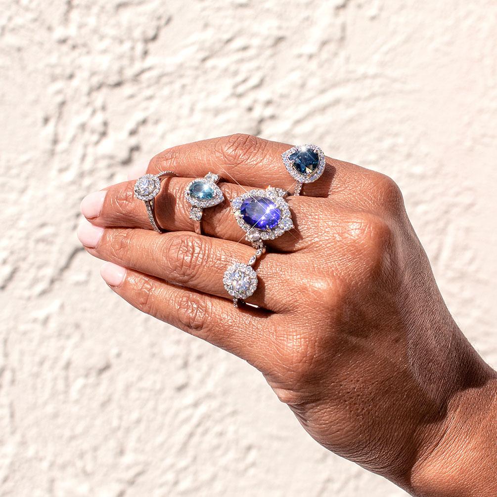 Persia Platinum Tanzanite and Diamond Halo Ring Rings Imperial Jewellery - Auctions, Antique, Vintage & Estate 