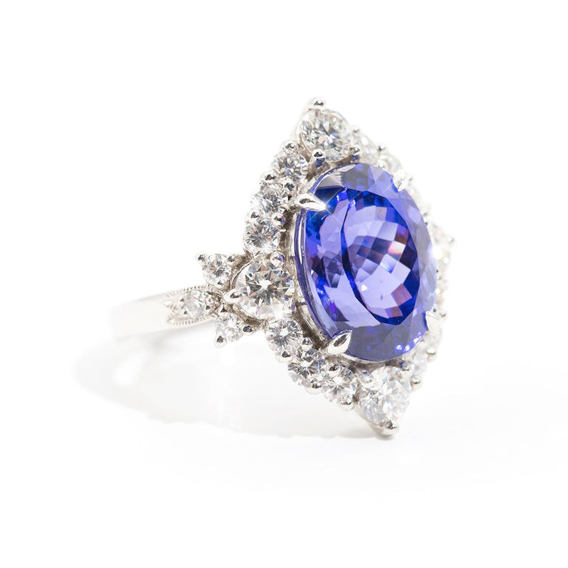 Persia Platinum Tanzanite and Diamond Halo Ring Rings Imperial Jewellery - Auctions, Antique, Vintage & Estate 