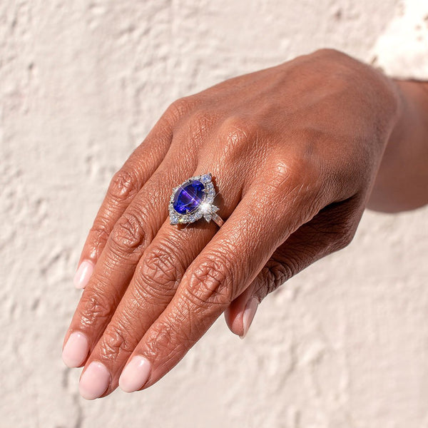 Persia Platinum Tanzanite and Diamond Halo Ring Rings Imperial Jewellery - Auctions, Antique, Vintage & Estate 