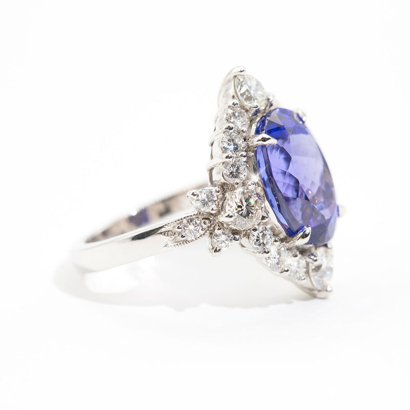 Persia Platinum Tanzanite and Diamond Halo Ring Rings Imperial Jewellery - Auctions, Antique, Vintage & Estate 