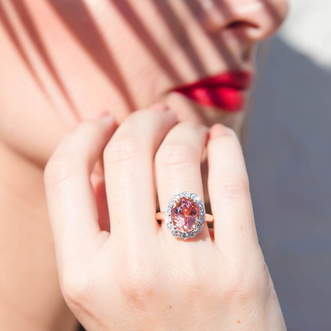 Peru Oval Cut Morganite Diamond Halo Ring Rings Imperial Jewellery - Auctions, Antique, Vintage & Estate 