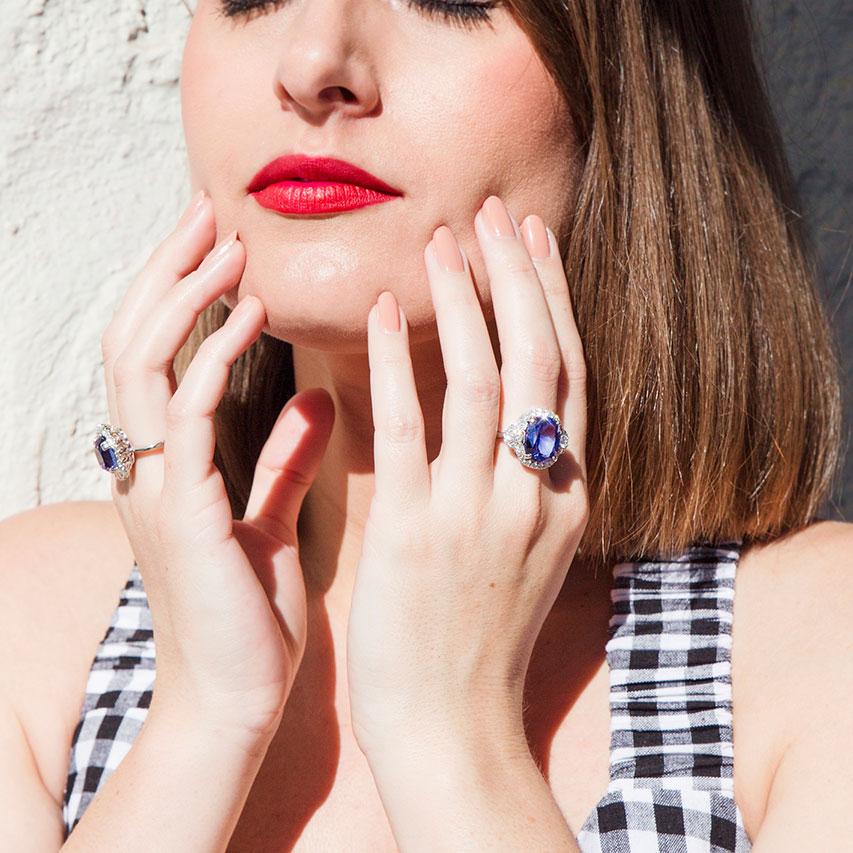 Prague Platinum Tanzanite Diamond Halo Ring Rings Imperial Jewellery - Auctions, Antique, Vintage & Estate 