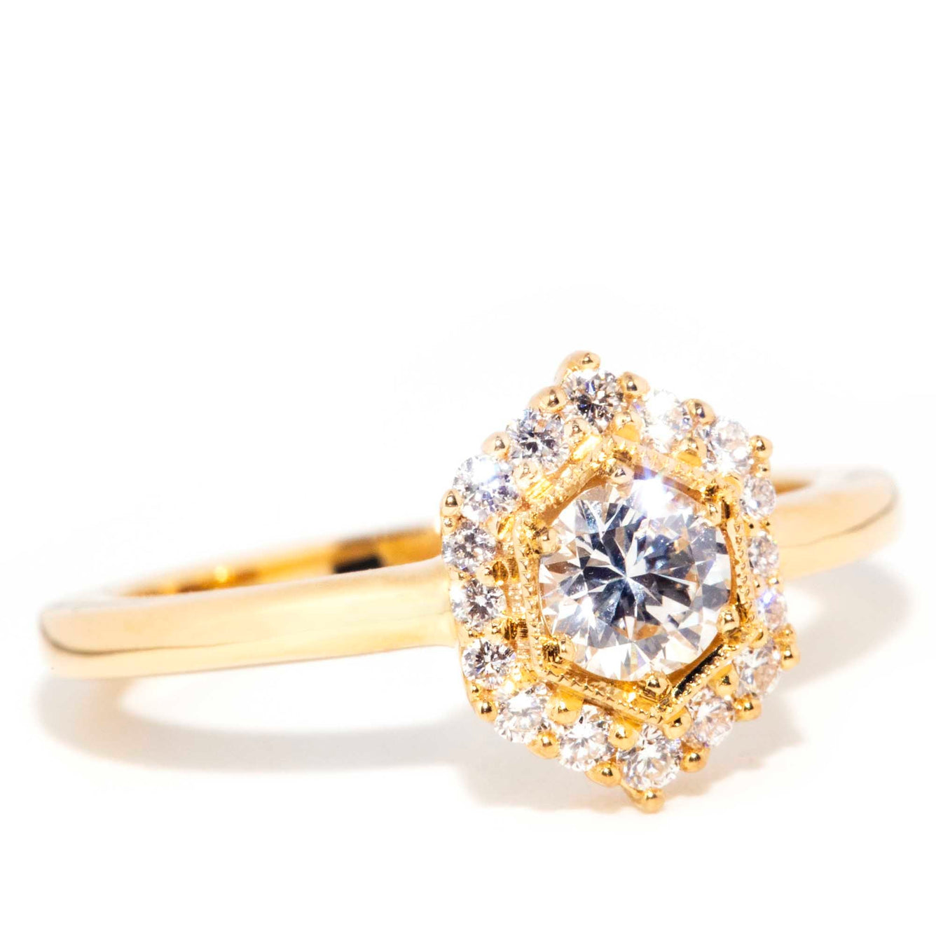 QUINN Contemporary 18ct Yellow Gold Diamond Hexagonal Halo Ring* OB Gemmo Rings Imperial Jewellery 