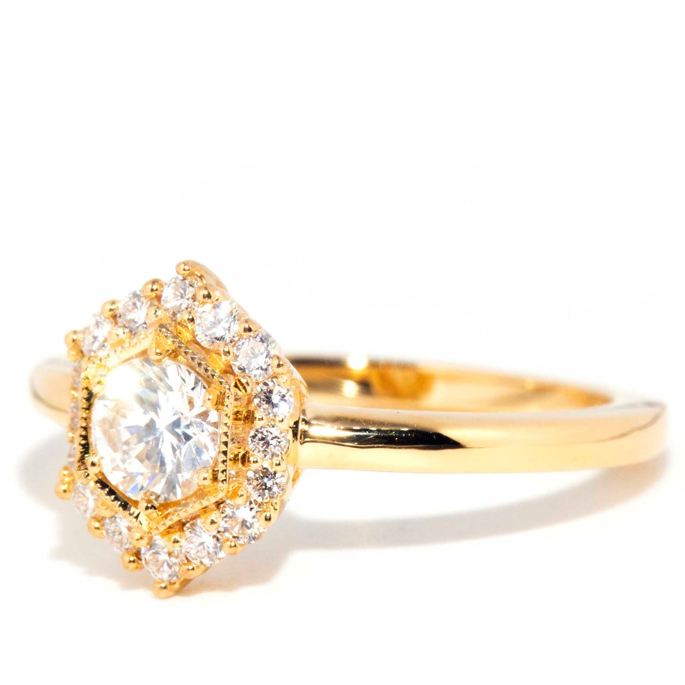 QUINN Contemporary 18ct Yellow Gold Diamond Hexagonal Halo Ring* OB Gemmo Rings Imperial Jewellery 
