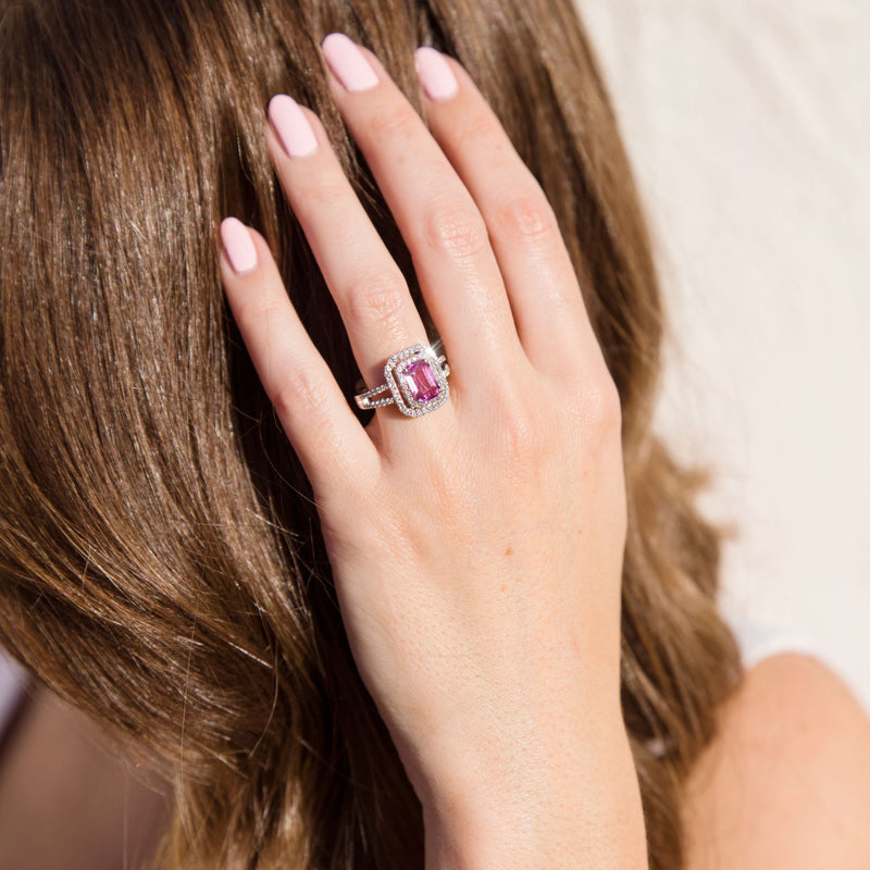 Rose Gold Ring Set with a Pastel Pink Sapphire, Diamond Halo and Shoulders  - Durham Rose