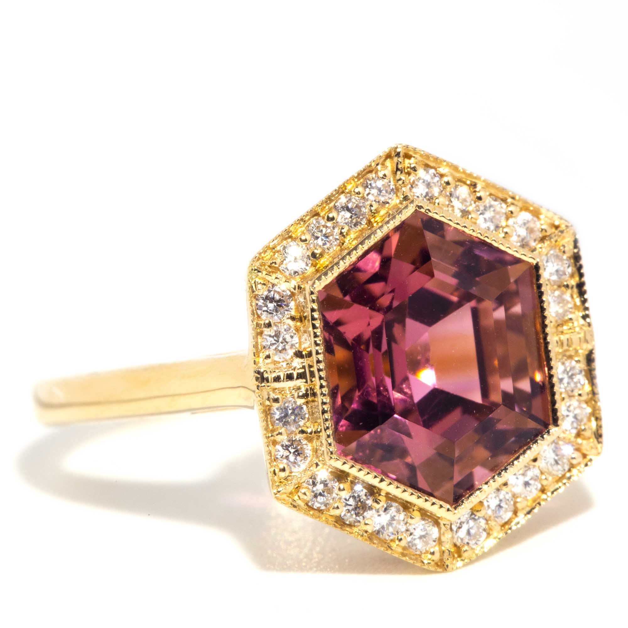 Sahara 18ct Gold Peachy Pink Tourmaline & Diamond Ring Rings Imperial Jewellery 