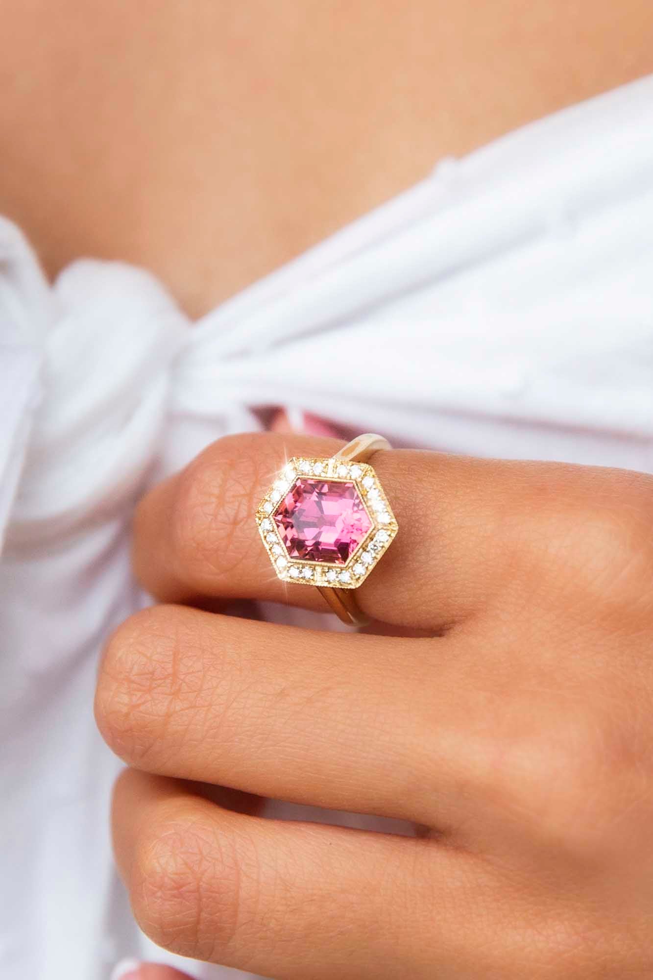 Sahara 18ct Gold Peachy Pink Tourmaline & Diamond Ring Rings Imperial Jewellery 
