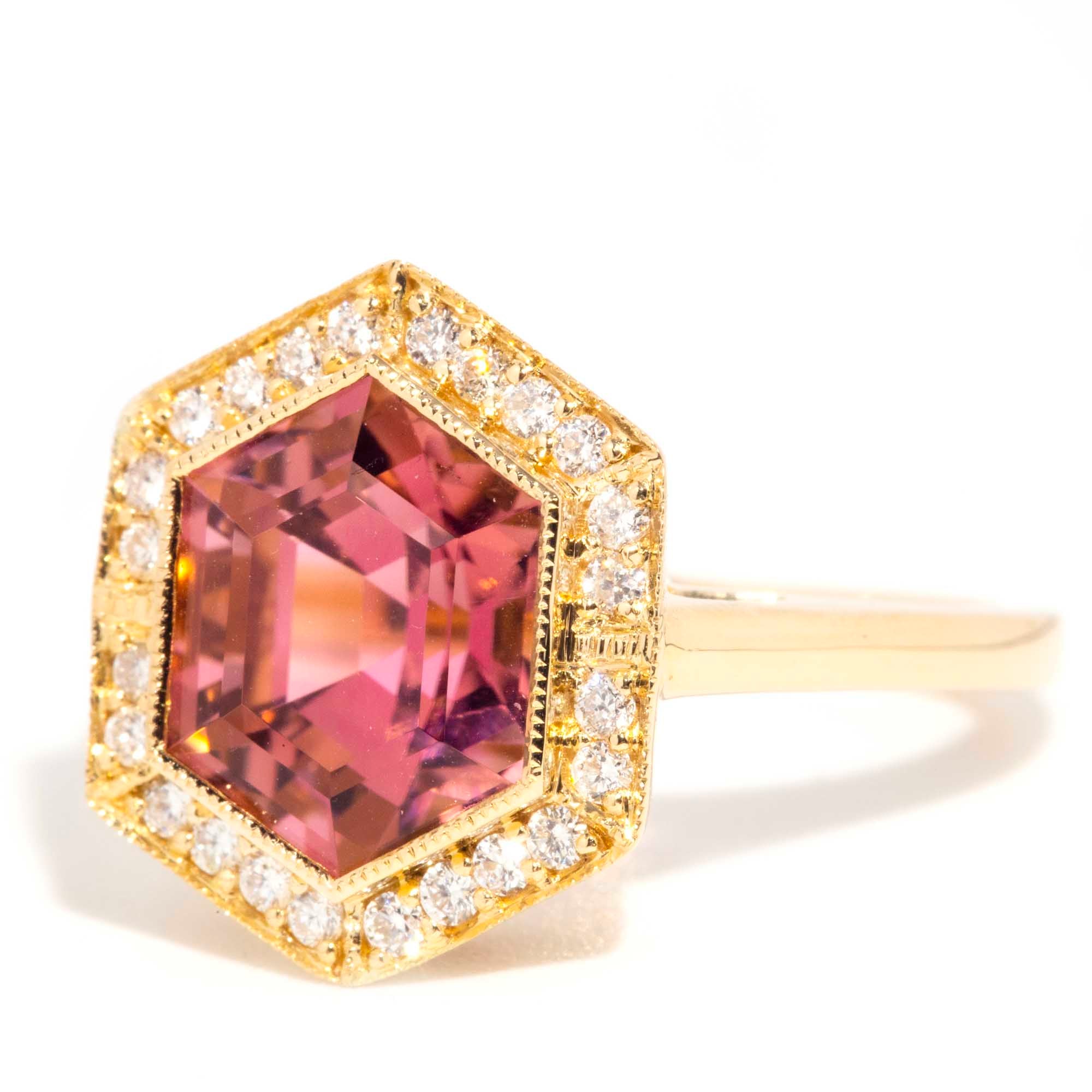 Sahara 18ct Gold Peachy Pink Tourmaline & Diamond Ring Rings Imperial Jewellery 