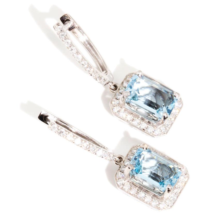 Sevyn 18 Carat White Gold Aquamarine Diamond Halo Drop Earrings Earrings Imperial Jewellery