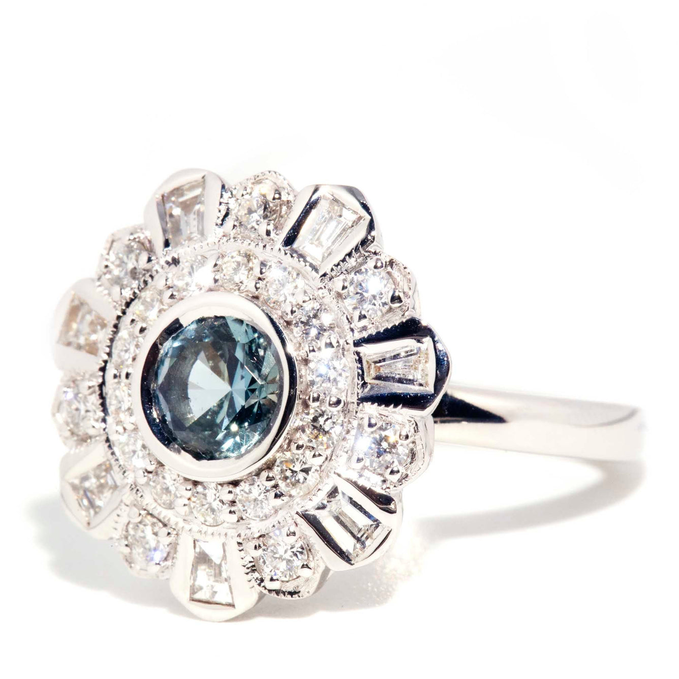 Solace 18ct White Gold Sapphire & Diamond Halo Starburst Ring* OB Gemmo $ Rings Imperial Jewellery 