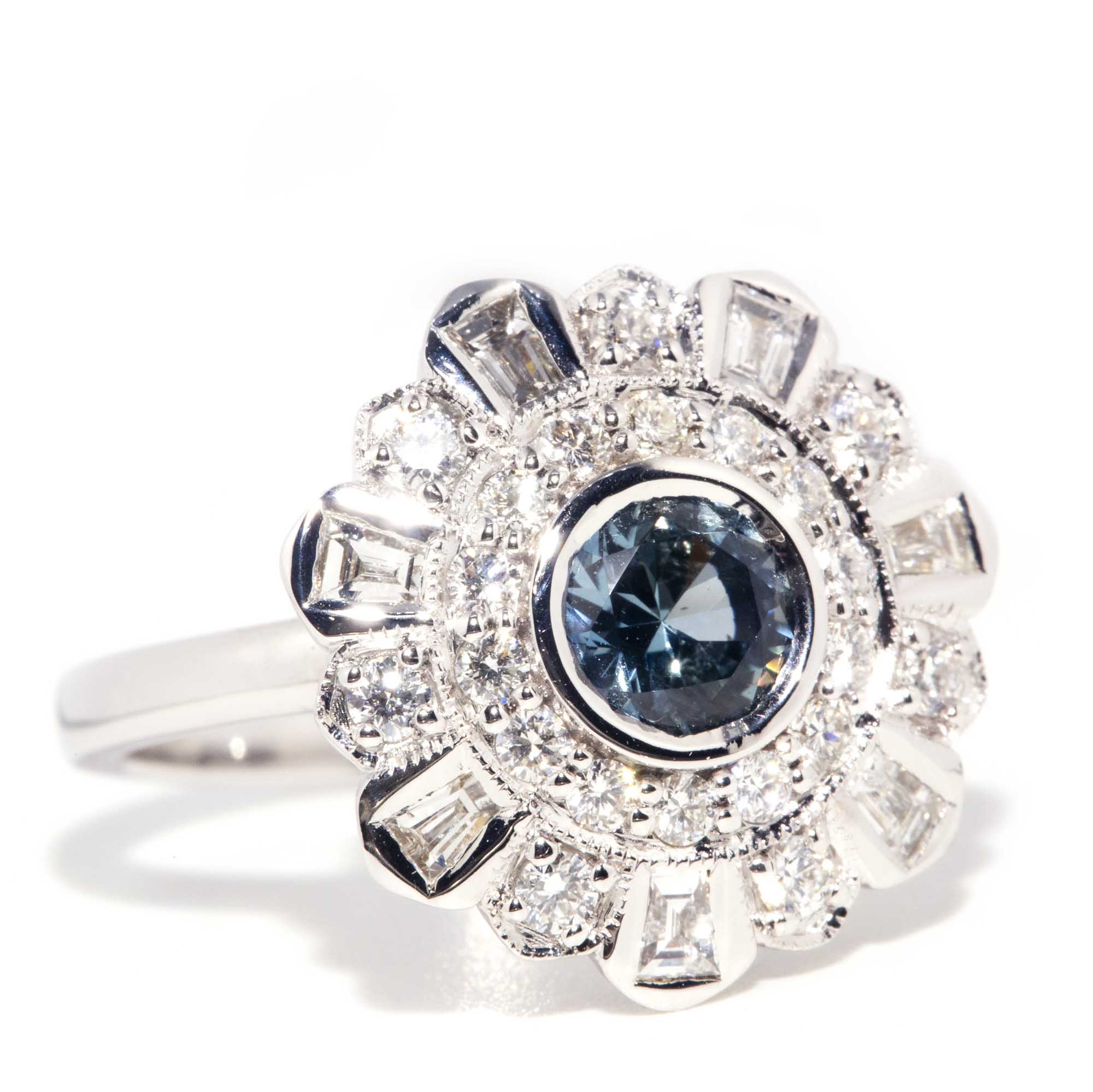 Solace 18ct White Gold Sapphire & Diamond Halo Starburst Ring* OB Gemmo $ Rings Imperial Jewellery 