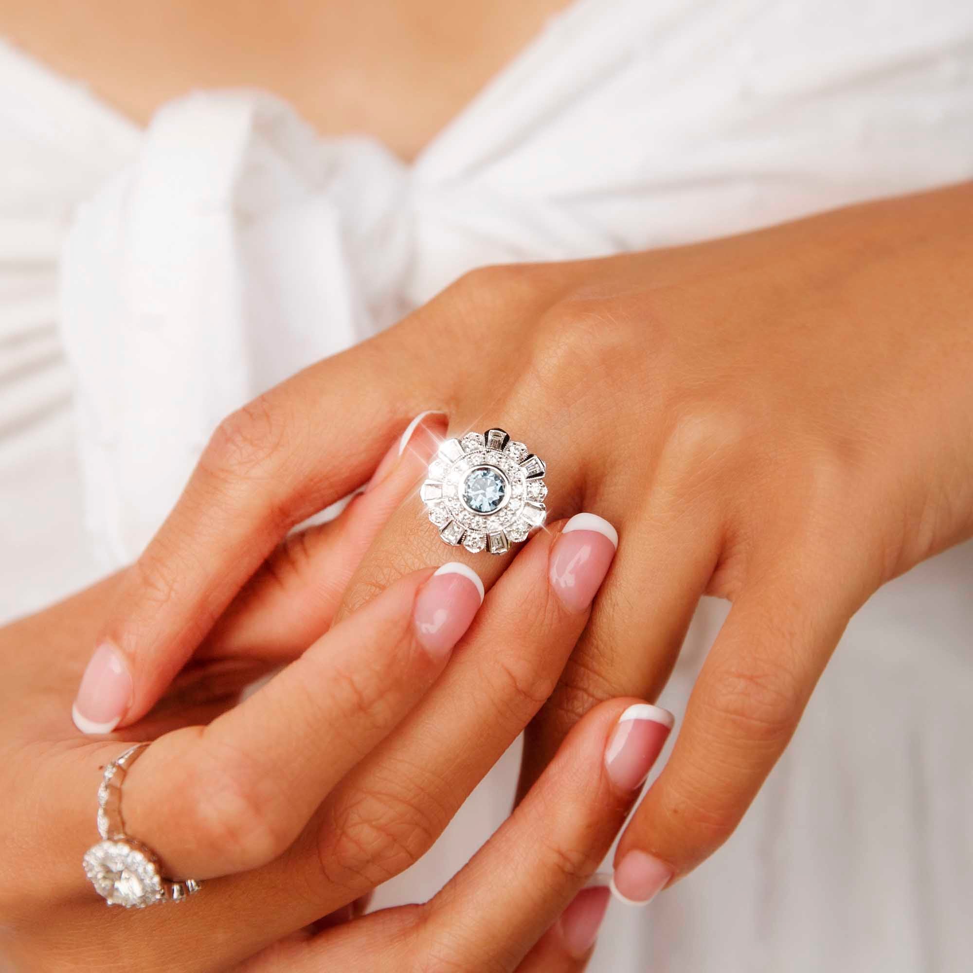 Solace 18ct White Gold Sapphire & Diamond Halo Starburst Ring Rings Imperial Jewellery 