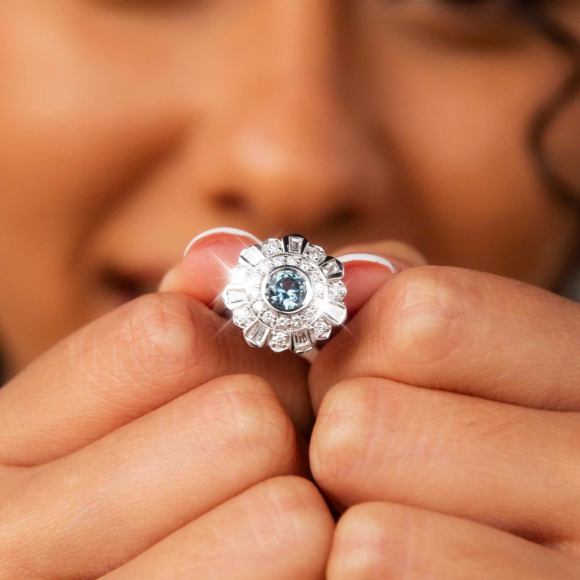 Solace 18ct White Gold Sapphire & Diamond Halo Starburst Ring Rings Imperial Jewellery 