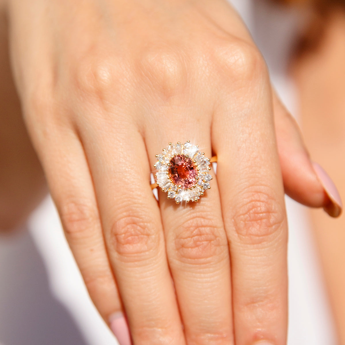 2.22 Carat Pink Tourmaline Diamond 18 Carat Yellow Gold Halo Ring Imperial Jewellery
