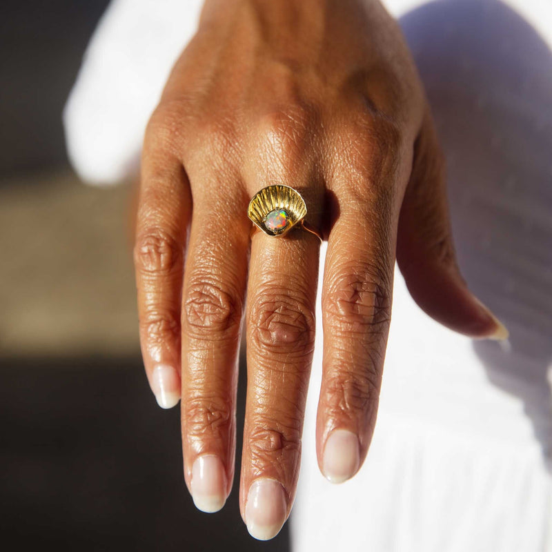 Trudy 1970s Solid Opal Shell Ring 14ct Gold Rings Imperial Jewellery 