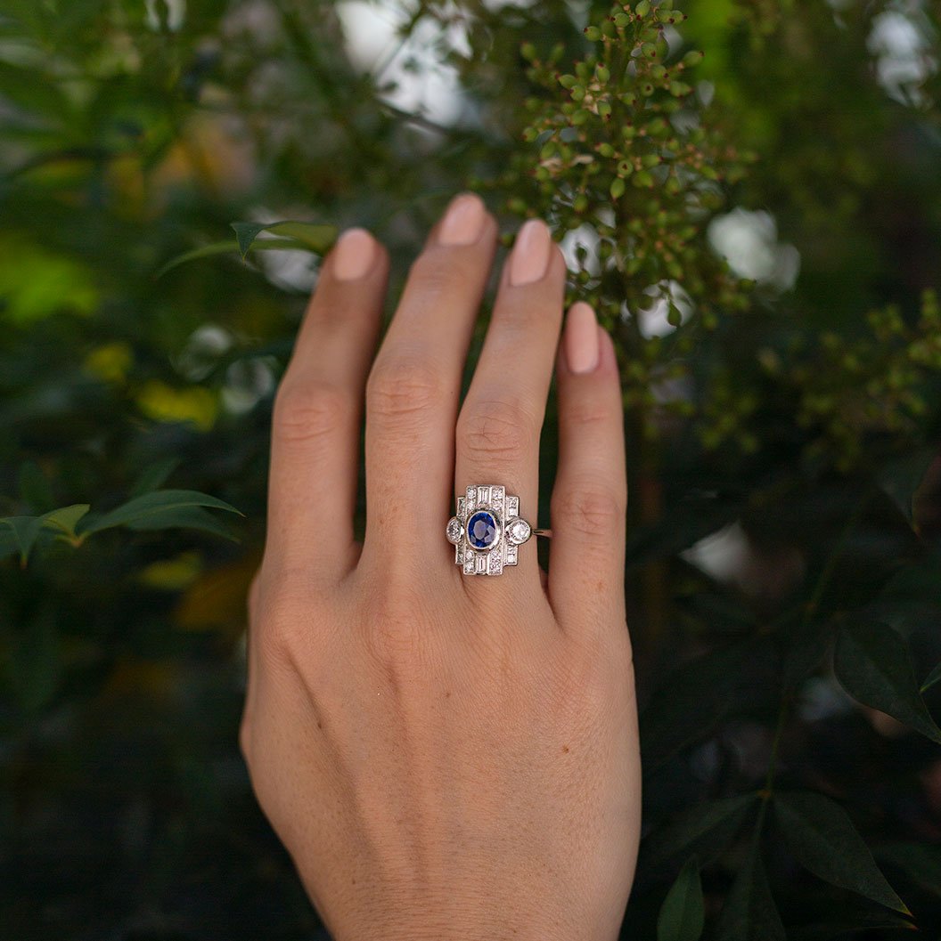 Vanessa Blue Sapphire and Diamond Art Deco Ring Ring Imperial Jewellery - Auctions, Antique, Vintage & Estate 