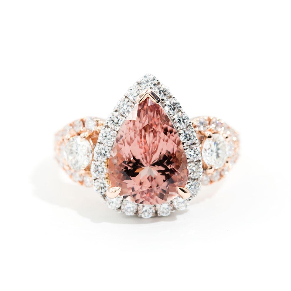 Vienna Pear Shape Morganite & Diamond Halo Ring Rings Imperial Jewellery - Auctions, Antique, Vintage & Estate 