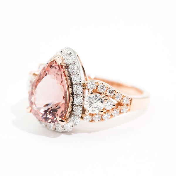 Vienna Pear Shape Morganite & Diamond Halo Ring Rings Imperial Jewellery - Auctions, Antique, Vintage & Estate 