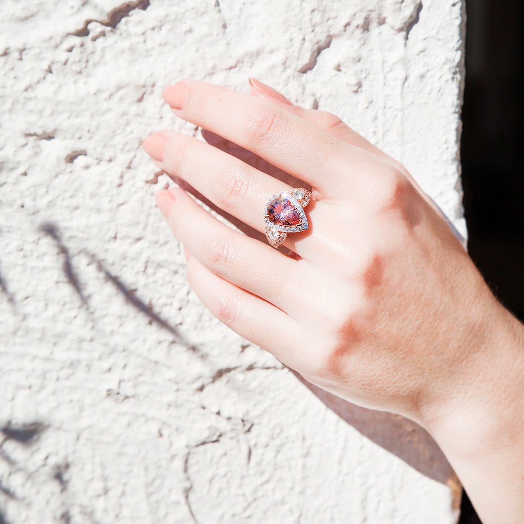 Vienna Pear Shape Morganite & Diamond Halo Ring Rings Imperial Jewellery - Auctions, Antique, Vintage & Estate 