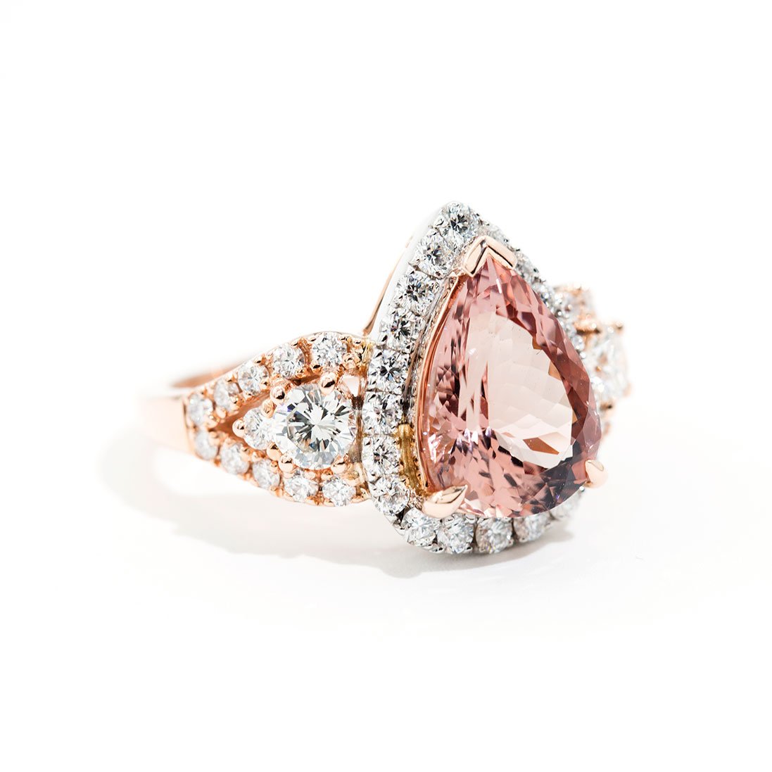 Vienna Pear Shape Morganite & Diamond Halo Ring Rings Imperial Jewellery - Auctions, Antique, Vintage & Estate 