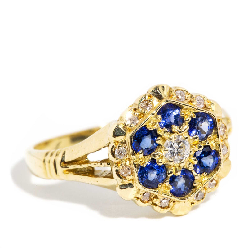 Viveca 1960s Sapphire & Diamond Cluster Ring 18ct Gold Rings Imperial Jewellery 