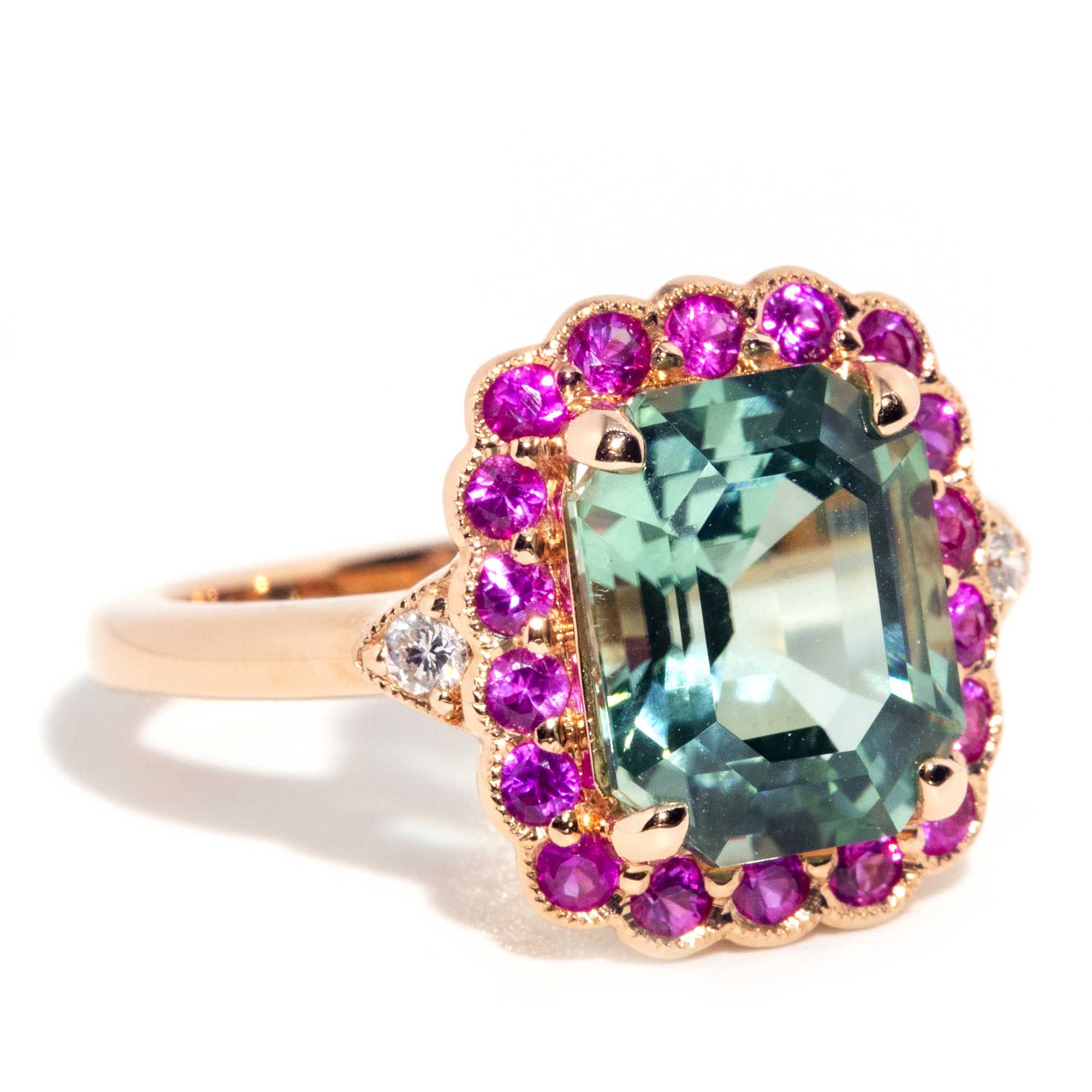 Yelena 18ct Rose Gold Tourmaline Sapphire & Diamond Halo Ring* OB Gemmo $ Rings Imperial Jewellery 