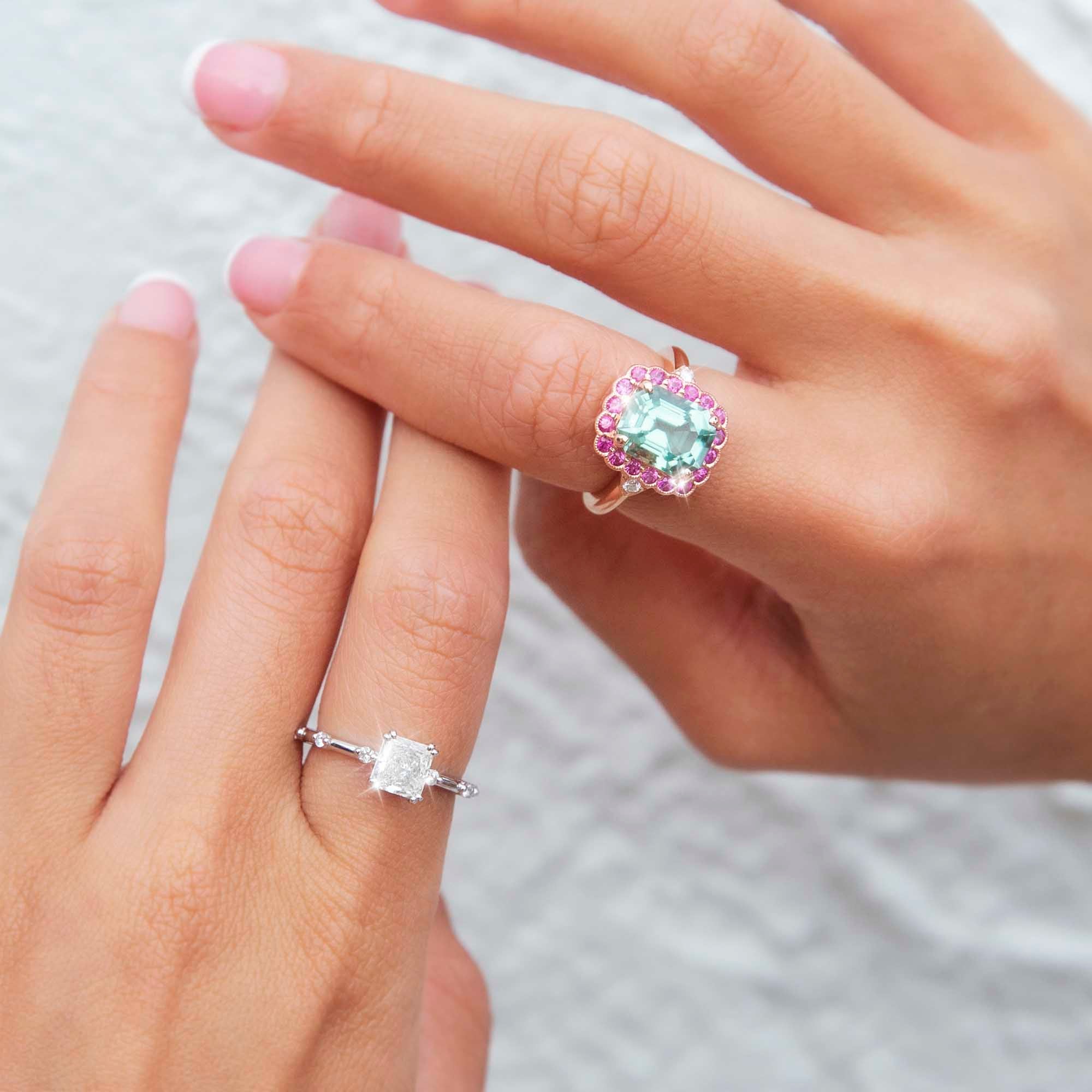 Yelena 18ct Rose Gold Tourmaline Sapphire & Diamond Halo Ring Rings Imperial Jewellery 