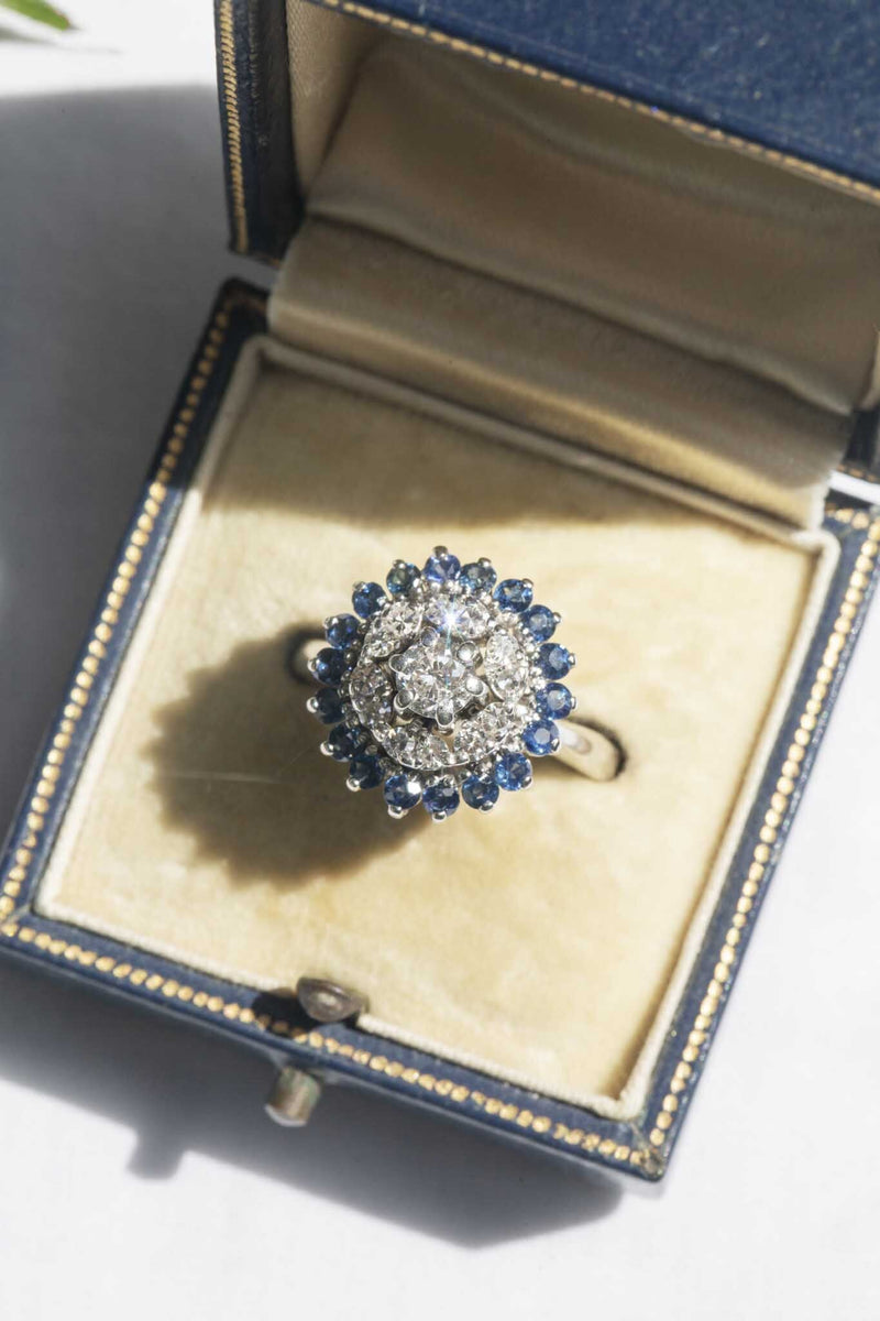 ZsiZsi 1970s Sapphire & Diamond Cluster Ring 14ct Gold Rings Imperial Jewellery 