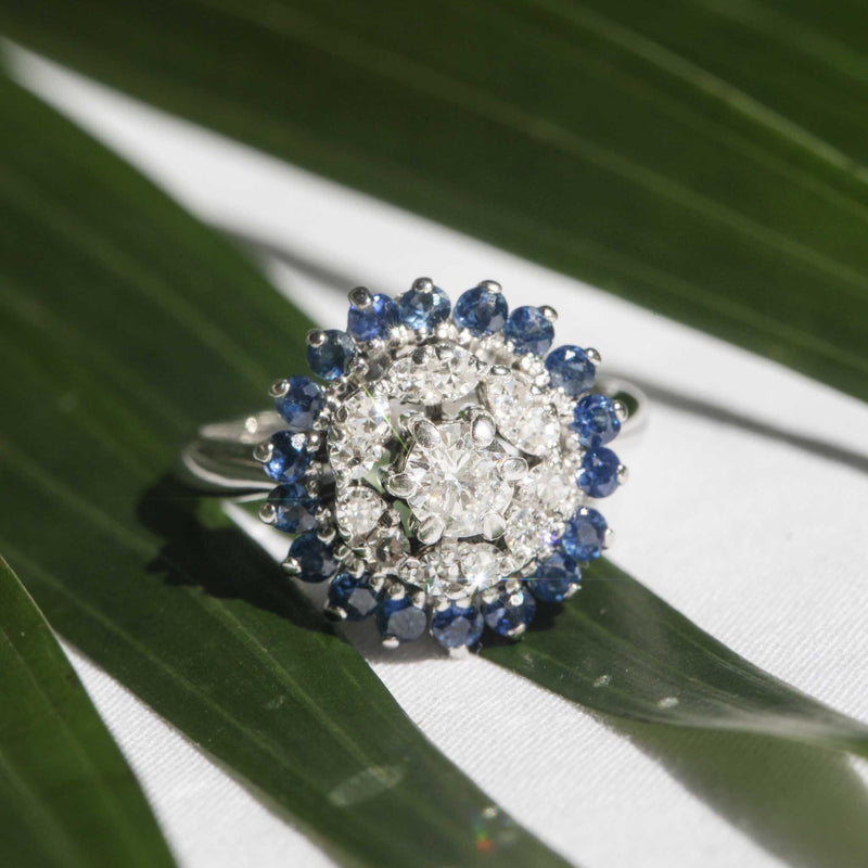 ZsiZsi 1970s Sapphire & Diamond Cluster Ring 14ct Gold Rings Imperial Jewellery 