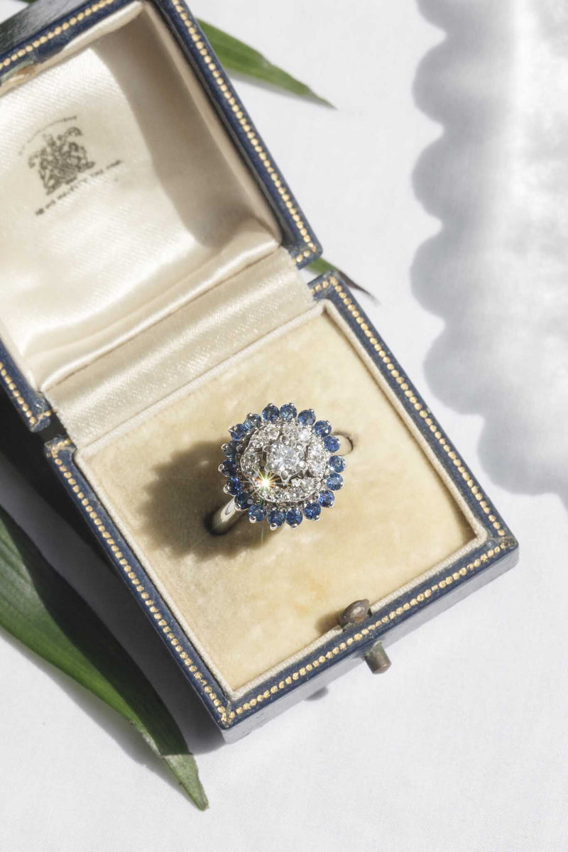 ZsiZsi 1970s Sapphire & Diamond Cluster Ring 14ct Gold Rings Imperial Jewellery 